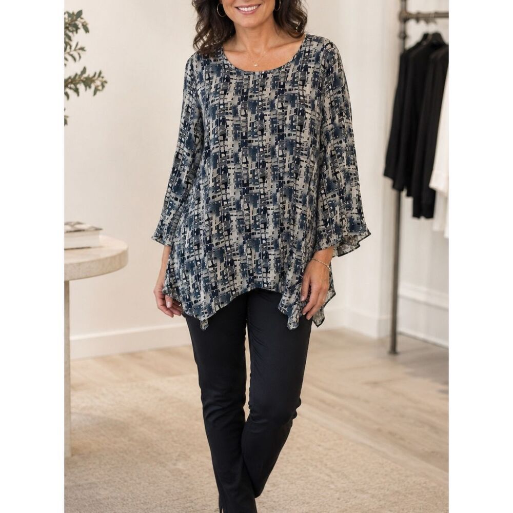 APNY Geo Print Viscose Long Sleeve Round Neck Blouse Top Size XL